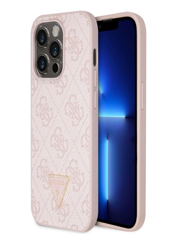 Guess Guess PU 4G Strass Triangle Metal Logo Zadní Kryt pro iPhone 15 Pro Pink Ovitek za telefon Vijolična