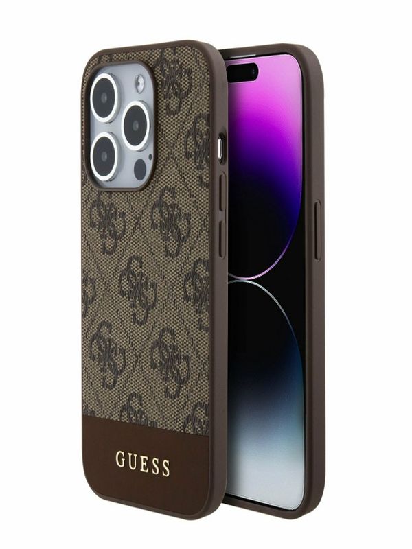 Guess Guess PU 4G Stripe MagSafe Zadní Kryt pro iPhone 15 Pro Brown Ovitek za telefon Vijolična