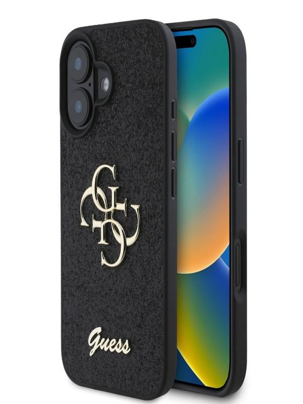 Guess Guess PU Fixed Glitter 4G Metal Logo Zadní Kryt pro iPhone 16 Black Ovitek za telefon Vijolična