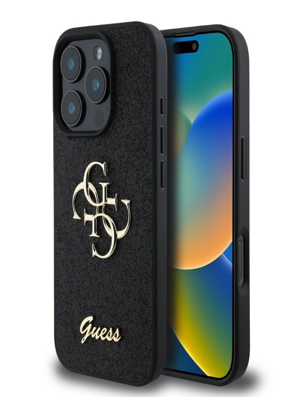 Guess Guess PU Fixed Glitter 4G Metal Logo Zadní Kryt pro iPhone 16 Pro Black Ovitek za telefon Vijolična