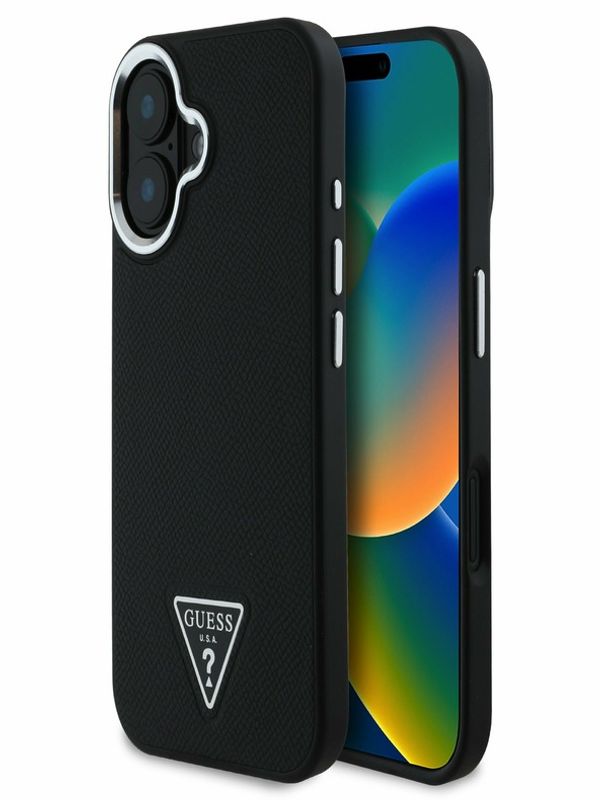 Guess Guess PU Grained Triangle Logo Zadní Kryt pro iPhone 16 Black Ovitek za telefon Vijolična