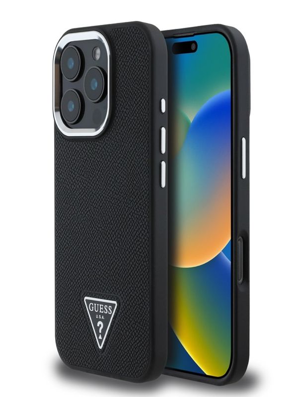 Guess Guess PU Grained Triangle Logo Zadní Kryt pro iPhone 16 Pro Black Ovitek za telefon Vijolična