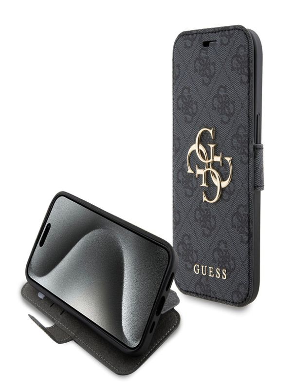 Guess Guess PU Leather 4G Metal Logo Book iPhone 15 Grey Ovitek Vijolična