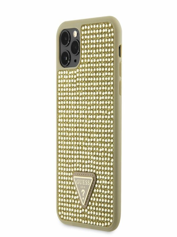 Guess Guess Rhinestones Triangle Metal Logo Kryt pro iPhone 11 Pro Max Gold Ovitek za telefon Vijolična