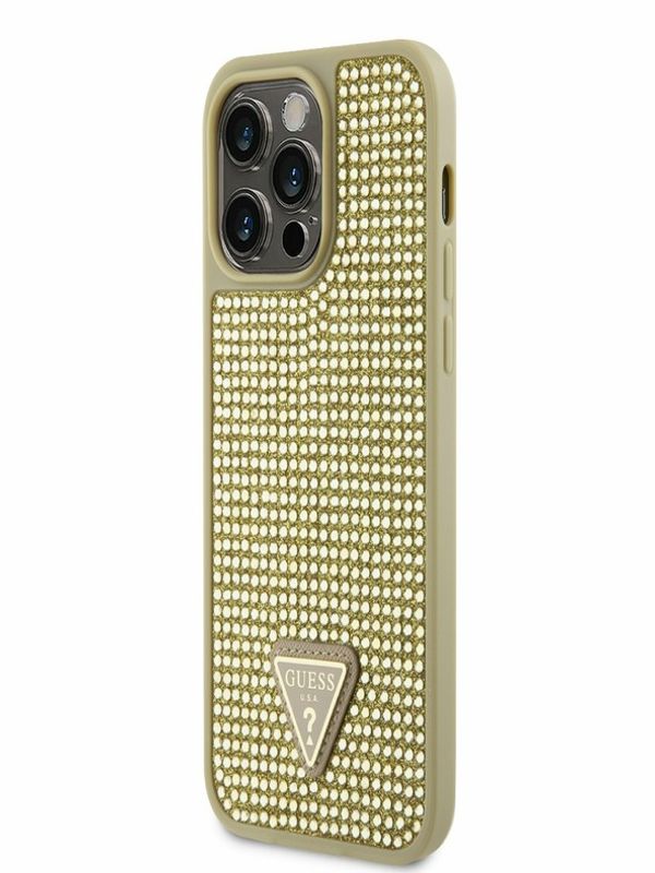 Guess Guess Rhinestones Triangle Metal Logo Kryt pro iPhone 14 Pro Max Gold Ovitek za telefon Vijolična