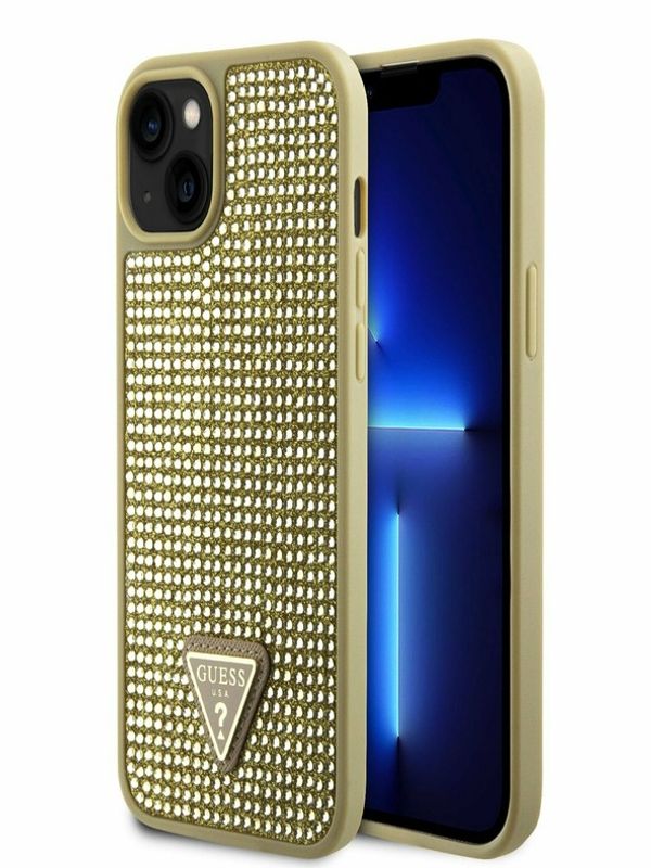 Guess Guess Rhinestones Triangle Metal Logo Kryt pro iPhone 15 Gold Ovitek za telefon Vijolična