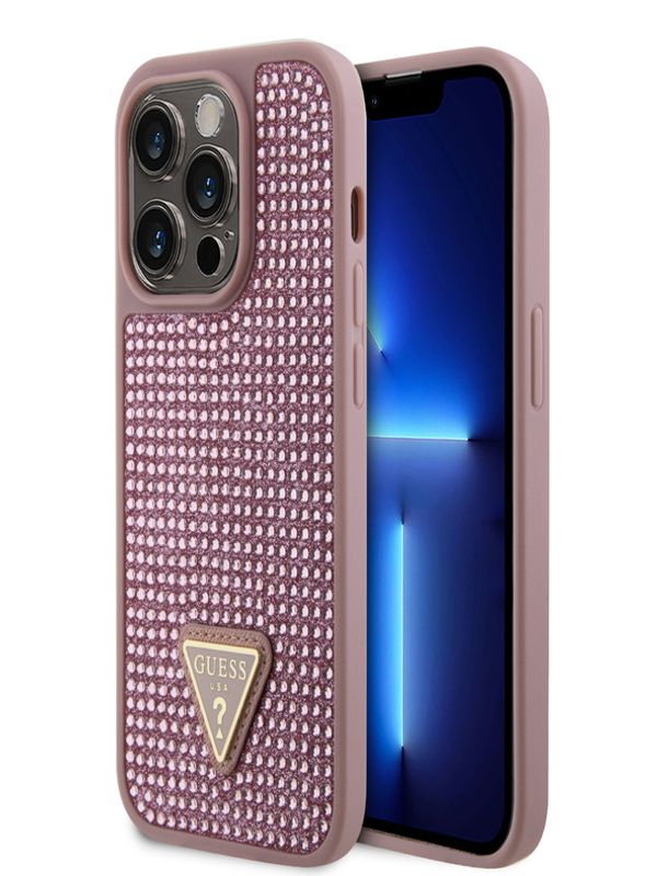 Guess Guess Rhinestones Triangle Metal Logo Kryt pro iPhone 15 Pro Pink Ovitek za telefon Vijolična