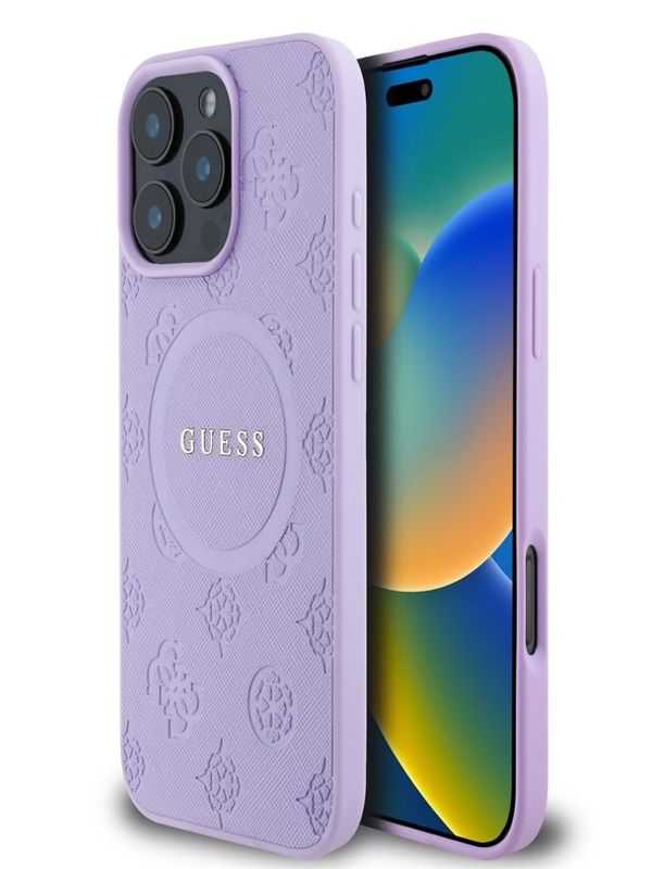 Guess Guess Saffiano Peony Stamp MagSafe Zadní Kryt pro iPhone 16 Pro Purple Ovitek za telefon Vijolična