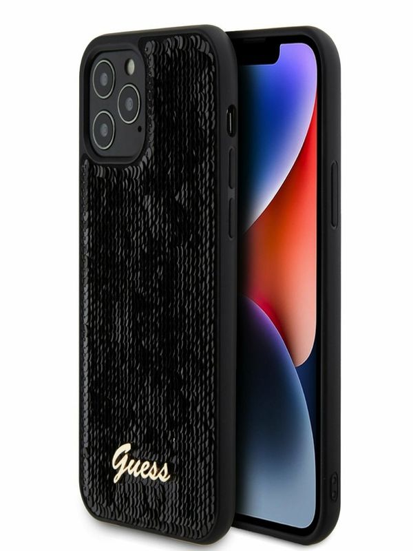 Guess Guess Sequin Script Logo Zadní Kryt pro iPhone 12/12 Pro Black Ovitek za telefon Vijolična