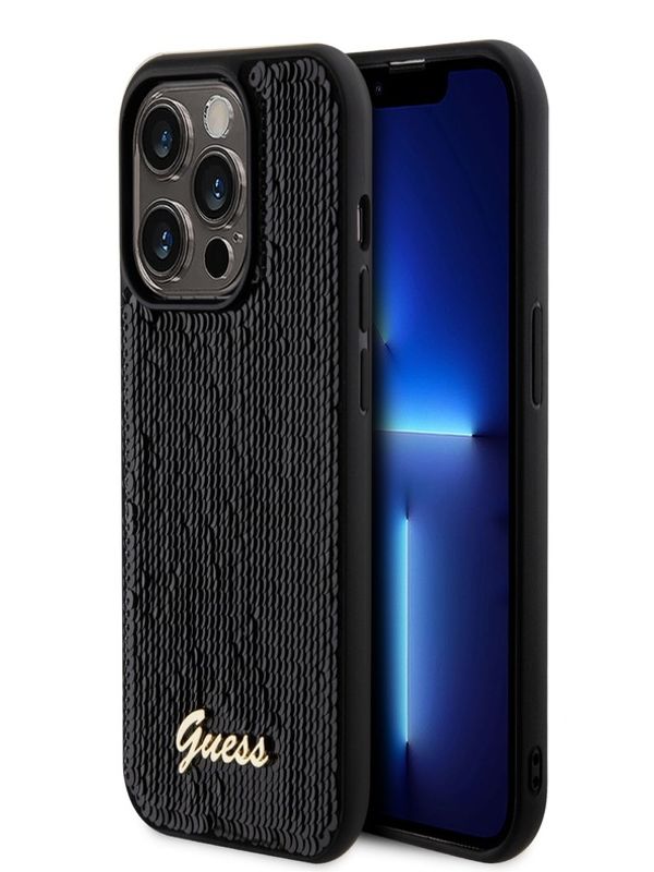 Guess Guess Sequin Script Logo Zadní Kryt pro iPhone 14 Pro Black Ovitek za telefon Vijolična