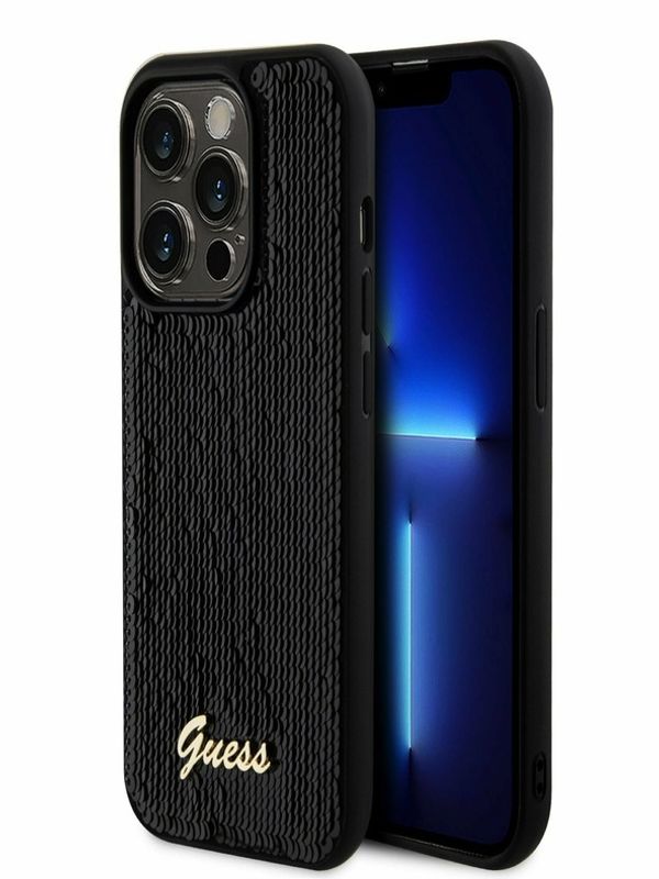 Guess Guess Sequin Script Logo Zadní Kryt pro iPhone 14 Pro Max Black Ovitek za telefon Vijolična