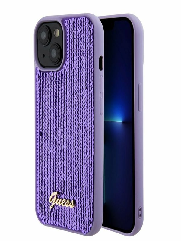 Guess Guess Sequin Script Logo Zadní Kryt pro iPhone 15 Plus Purple Ovitek za telefon Vijolična